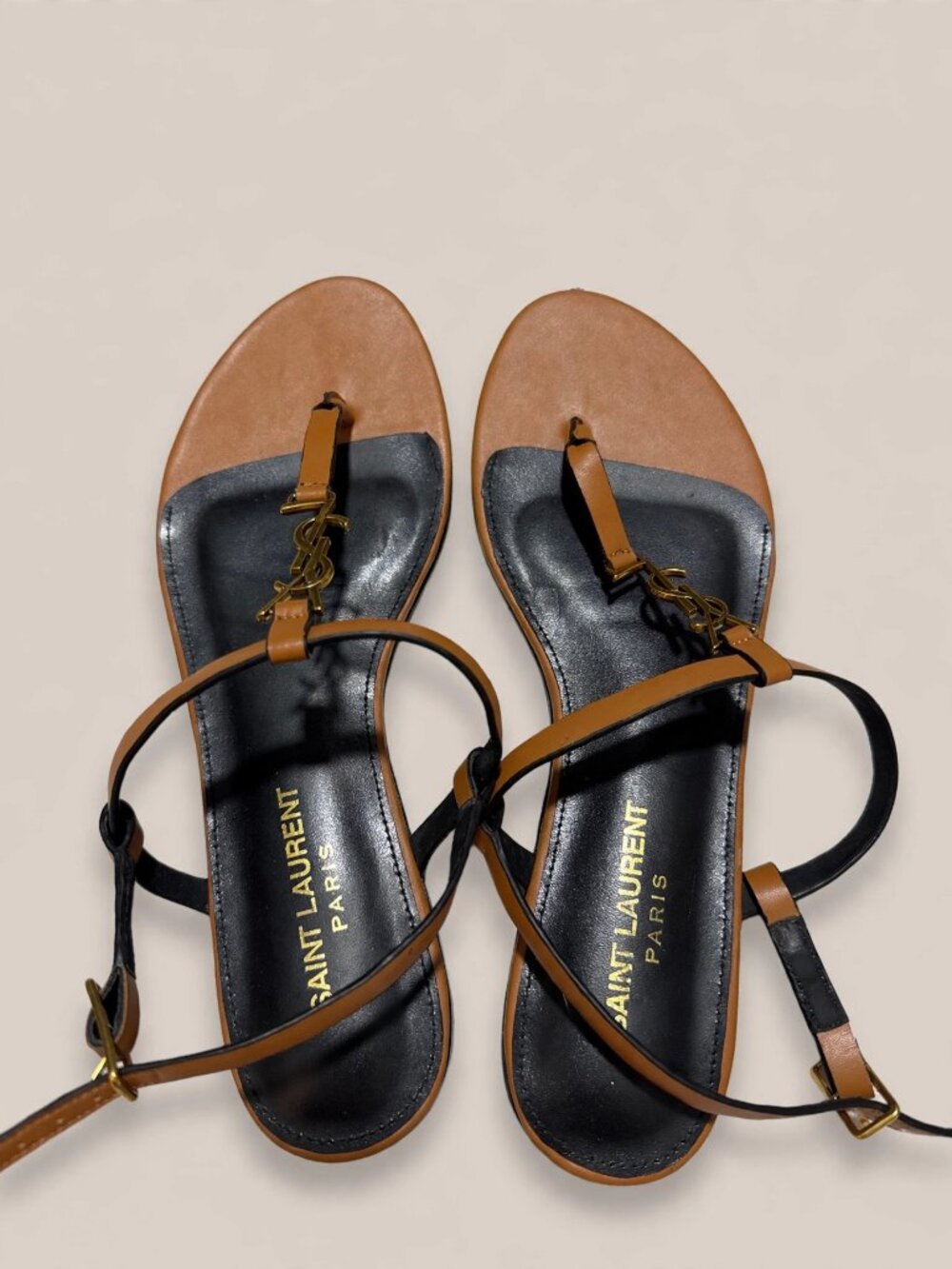 Saint Laurent Tan Leather Flat Thong Sandals YSL Logo 38